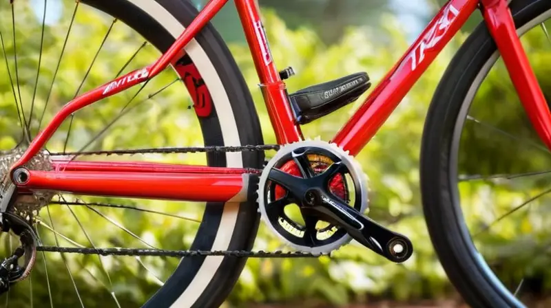 Bicicleta aerodinámica de aluminio rojo y negro con detalles brillantes y neumáticos delgados