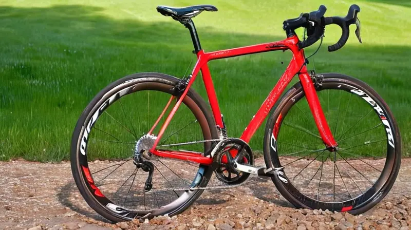 Una bicicleta de carretera aerodinámica y brillante se apoya contra una cerca de madera, destacando su diseño y el entorno natural