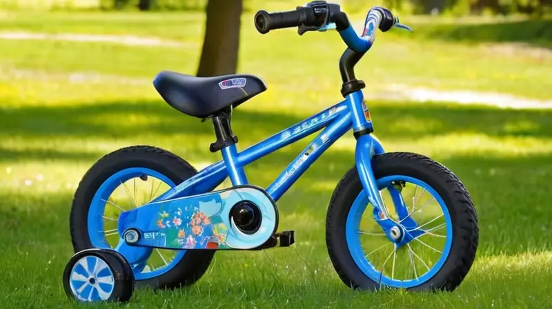 Bicicleta infantil de aluminio brillante, color azul vibrante, con ruedas de 14 pulgadas, asiento acolchado y manillares ajustables, en un parque soleado con niños jugando