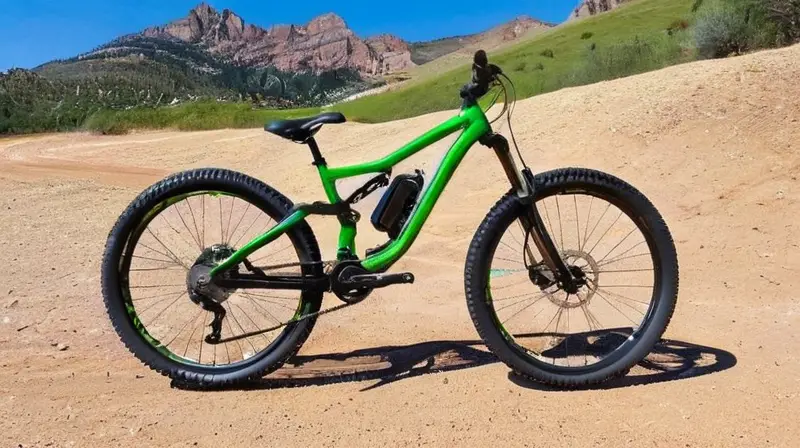 Bicicleta de aluminio negra con detalles verdes, suspensión robusta y neumáticos anchos, lista para la aventura en un paisaje montañoso