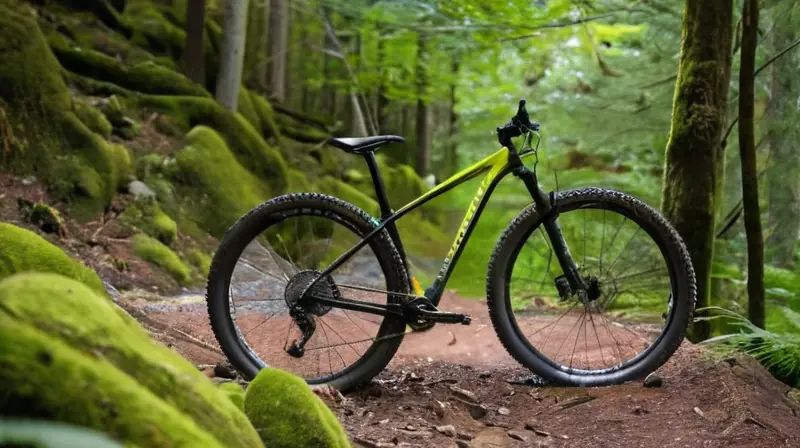 Una bicicleta Cannondale Trail 8 destaca en un sendero montañoso, rodeada de naturaleza y con un diseño robusto y ágil