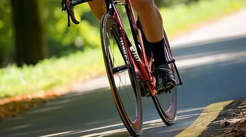 Bicicleta Fuji de aluminio pulido, diseño aerodinámico en rojo y negro, con detalles de alta calidad y un ciclista en movimiento en un parque soleado