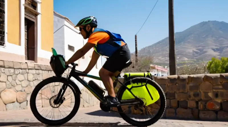 Una bicicleta de montaña robusta y elegante en Córdoba, con un ciclista entregando en un entorno urbano soleado