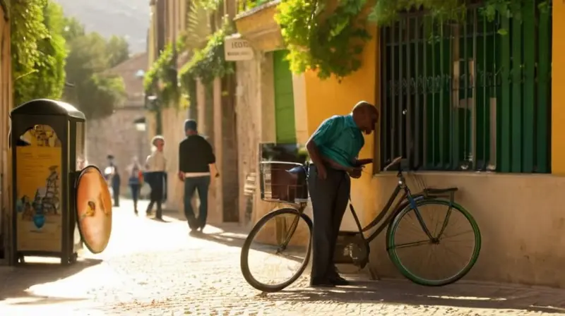 Una calle urbana en Castellón rebosa vida con bicicletas, un furgón de reparto, peatones conversando y un café al aire libre bajo el sol