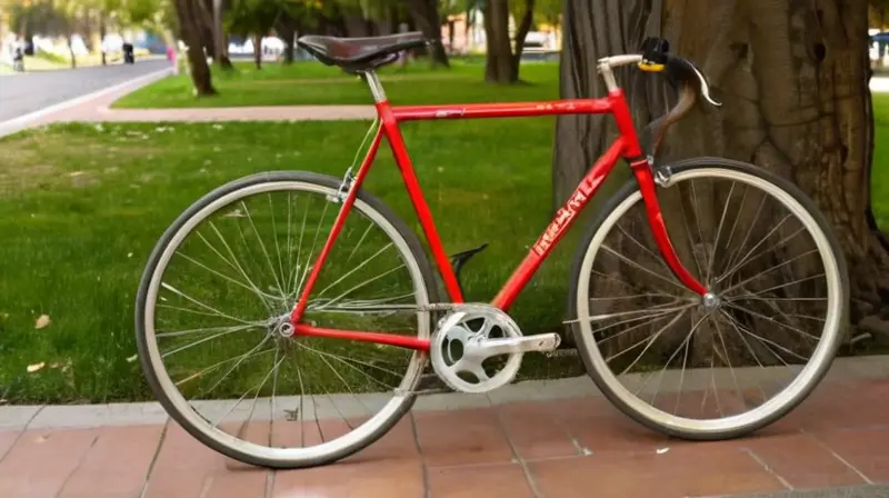 Una bicicleta de segunda mano, con marco metálico y pintura roja desgastada, descansa bajo la luz de la tarde en una calle de Castellón