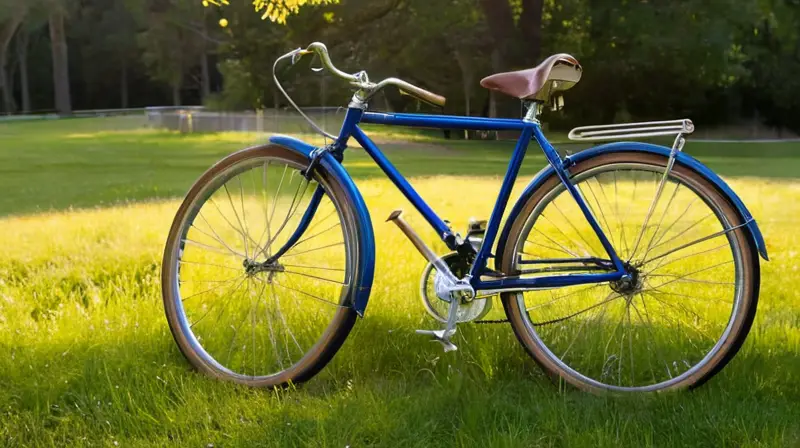 Una bicicleta desgastada pero brillante, rodeada de un ambiente nostálgico en una tienda de ciclismo