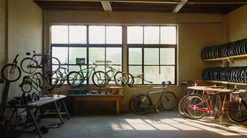 Un taller iluminado y ordenado, lleno de herramientas y bicicletas en reparación, refleja un ambiente de destreza y dedicación