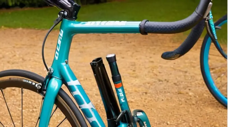 Bicicleta Bianchi celeste con marco aerodinámico y componentes pulidos
