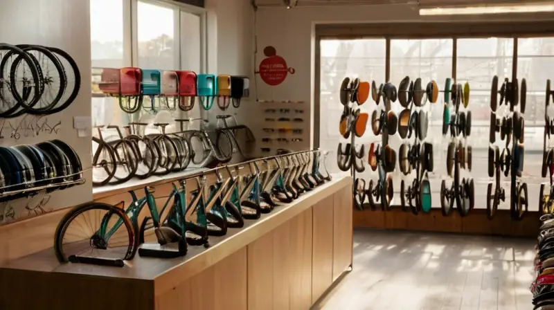 Una acogedora tienda de bicicletas bien iluminada exhibe bicicletas de segunda mano y accesorios, con un amable vendedor sonriendo en un ambiente atractivo