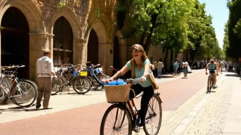 Una animada calle urbana en Salamanca, llena de bicicletas coloridas, tiendas vibrantes y un ambiente energético bajo un cielo azul