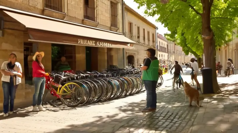 Una animada calle de Salamanca con árboles verdes, una tienda de bicicletas y un ambiente comunitario relajado