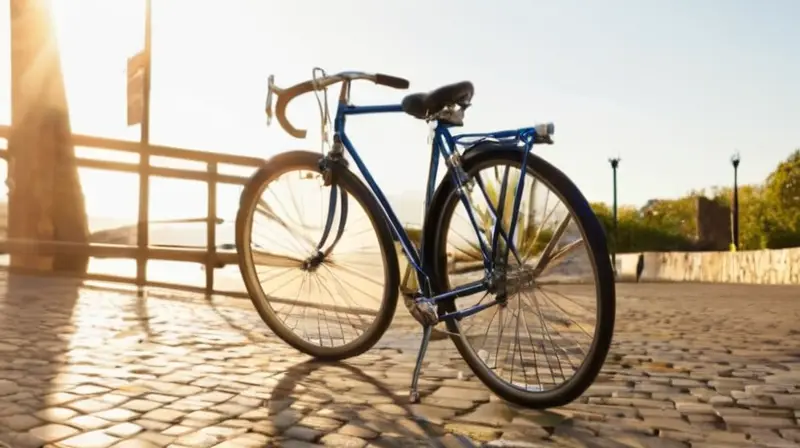 Una bicicleta de carreras vintage brilla con su marco cromado y pintura azul, en un ambiente nostálgico de un evento ciclista iluminado por la luz dorada del atardecer