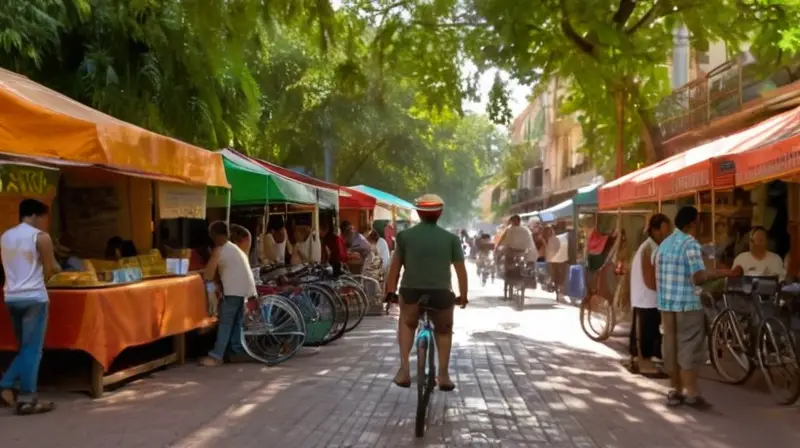 Una animada calle urbana con tiendas vibrantes