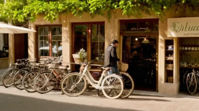 Una animada calle de Alicante con tiendas vibrantes, bicicletas coloridas, un amable tendero y un ambiente comunitario acogedor