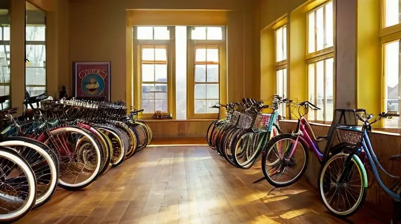 Una acogedora tienda de bicicletas bien iluminada, con bicicletas de segunda mano organizadas y un ambiente que invita a explorar