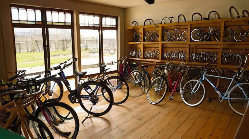 Una acogedora tienda de bicicletas de segunda mano, iluminada por la luz natural, exhibe coloridos modelos en un ambiente que promueve la sostenibilidad