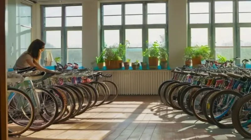 Una acogedora tienda de bicicletas de segunda mano, con coloridos marcos, luz natural y un ambiente nostálgico