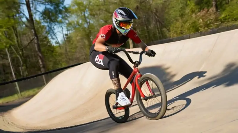 Una BMX moderna de marco rojo brilla bajo el sol, con un ciclista atlético en acción en un skate park