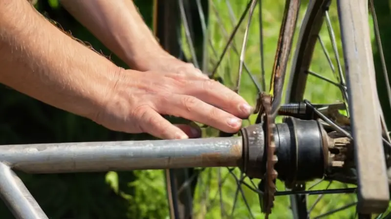 Una bicicleta desgastada reposa sobre un banco de trabajo iluminado por el sol, rodeada de herramientas y un ambiente que evoca industriosidad