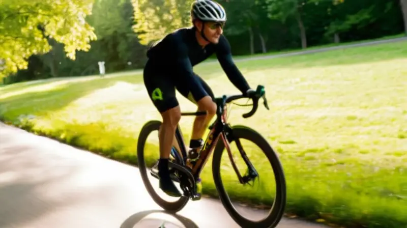 Una bicicleta moderna y ligera avanza rápidamente por un parque, con un ciclista enérgico y un fondo difuminado de árboles y césped
