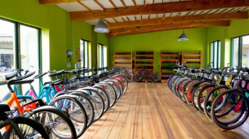Una tienda de bicicletas de segunda mano bien iluminada y colorida, con bicicletas ordenadas, un ambiente acogedor y un vendedor amable