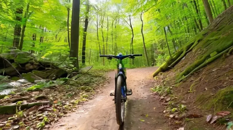 Bicicleta de carbono negra mate con detalles verdes, diseñada ergonómicamente y posicionada en un sendero rocoso rodeado de naturaleza