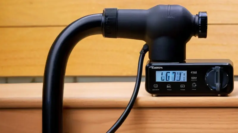Bomba digital compacta de acabado negro mate y detalles plateados, con pantalla clara y diseño ergonómico, en un entorno de taller cálido y natural