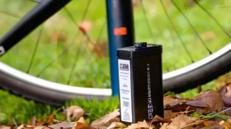 Un cartucho de CO2 con detalles metálicos y desgaste, sostenido por una mano sucia, se encuentra en una funda de bicicleta, mientras la luz natural crea sombras en un paisaje verde desenfocado