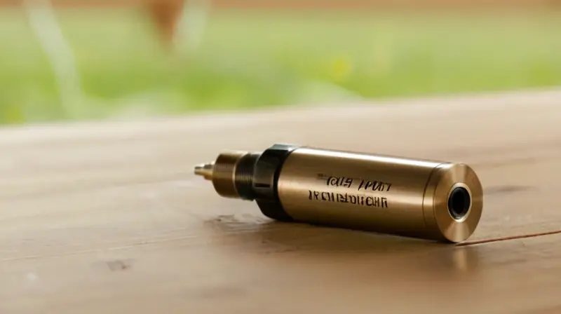 Un cartucho de CO2 con detalles metálicos y desgaste se encuentra sobre una mesa de madera, iluminado suavemente por la luz natural, mientras una mano lo sostiene y un neumático de bicicleta parcialmente inflado se ve al fondo