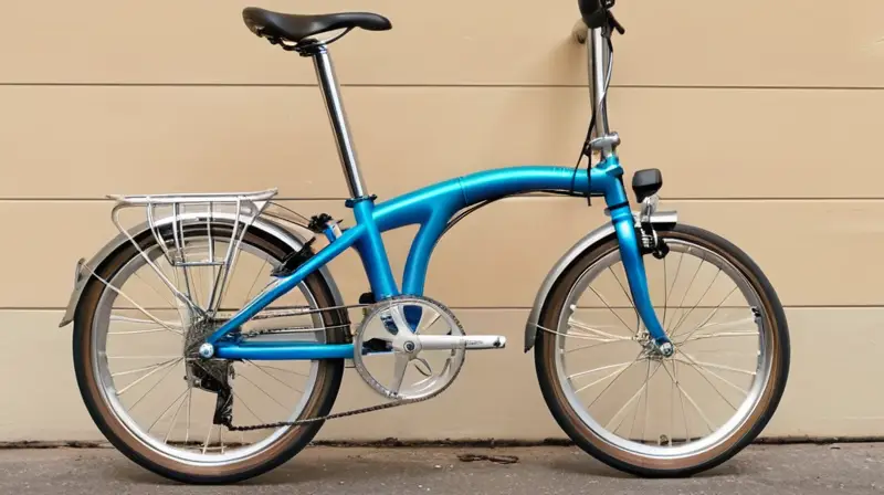 Una bicicleta Brompton plegable de color azul brillante destaca en una calle urbana durante la hora dorada