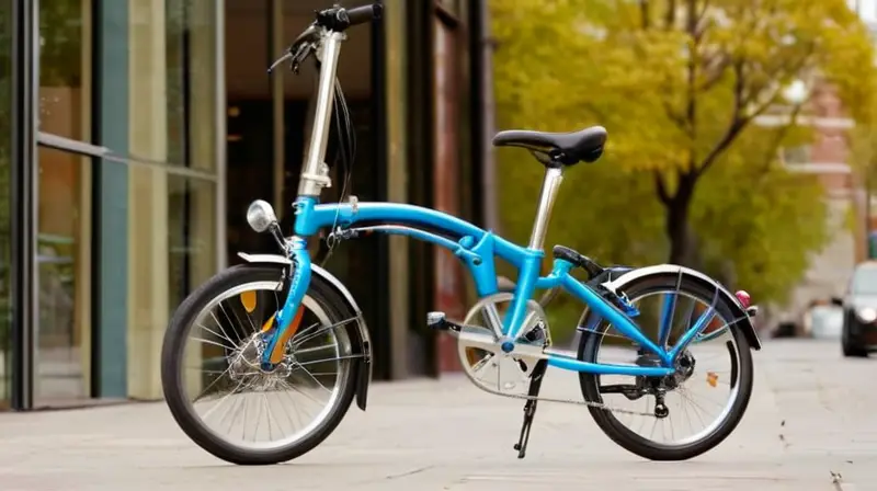 Una bicicleta Brompton compacta de marco azul brilla bajo la luz del atardecer en una calle urbana animada