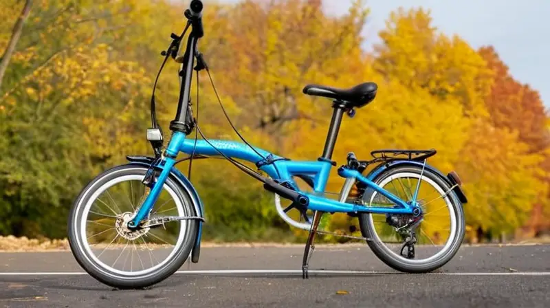 Bicicleta Brompton M6L compacta y elegante de marco azul vibrante, con un mecanismo de plegado intrincado y diseño ligero
