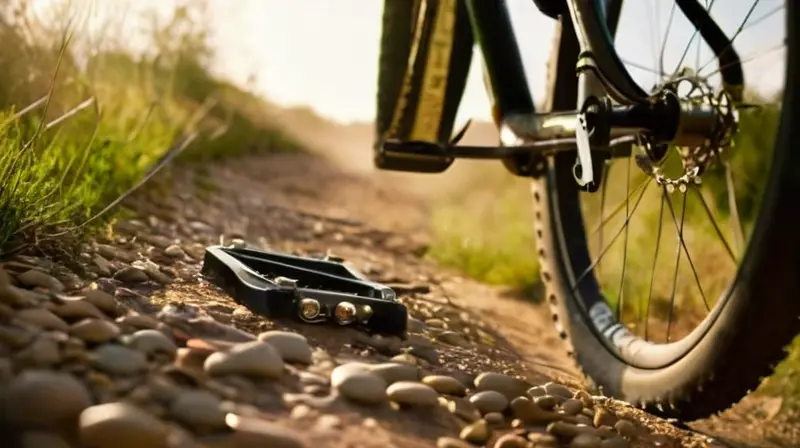Un primer plano de un pedal de bicicleta de montaña resalta su diseño robusto y funcionalidad bajo la luz natural