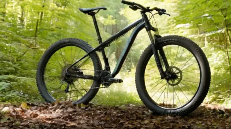 Una bicicleta de montaña robusta brilla bajo la luz suave en un sendero rocoso