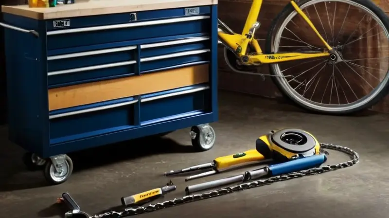 Un garaje iluminado con un bicicleta azul junto a un banco de trabajo