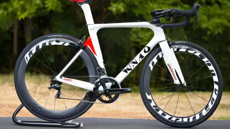 Bicicleta de carbono con diseño aerodinámico, acabados brillantes y detalles precisos que destacan su ligereza y rendimiento