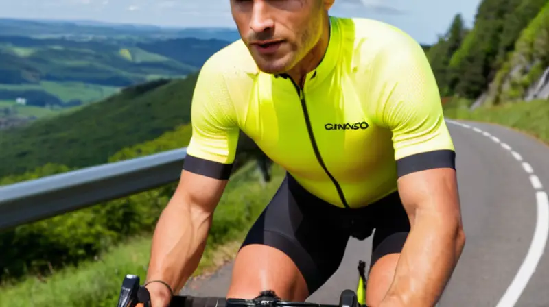 Jersey de ciclismo aerodinámico en amarillo y negro, con logo Colnago, tejido ligero y transpirable, que resalta la figura atlética del ciclista en movimiento sobre un paisaje escénico
