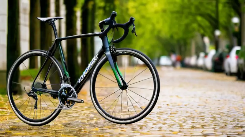 Bicicleta moderna de aluminio negro mate con diseño minimalista y detalles urbanos vibrantes