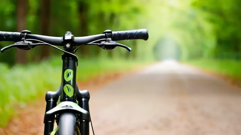 Bicicleta de aluminio negro mate con detalles verdes, geometría ergonómica y componentes de alta calidad en un entorno natural vibrante