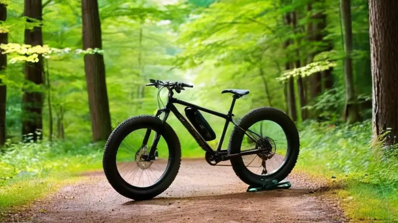 Bicicleta de montaña con marco negro mate, construcción robusta, detalles finos, neumáticos anchos y texturizados, y un entorno natural vibrante que invita a la aventura