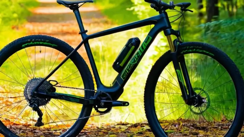 Bicicleta de montaña eléctrica elegante en negro mate con detalles brillantes, motor potente, batería integrada y diseño robusto, ideal para aventuras al aire libre