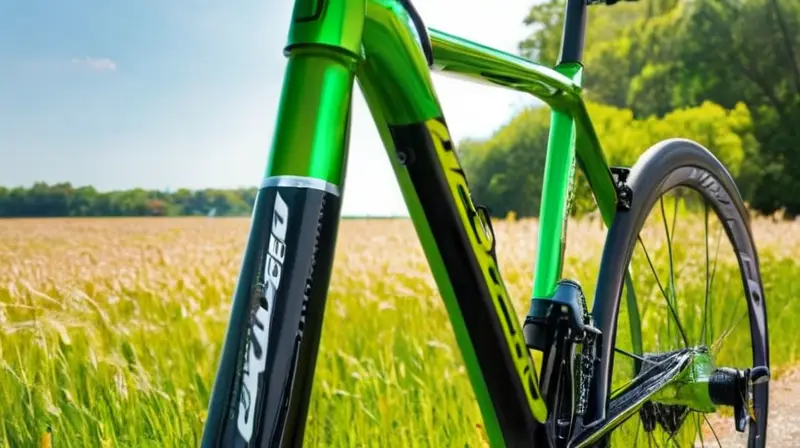 Bicicleta aerodinámica de edición limitada en verde esmeralda, con componentes de aluminio pulido y diseño ligero que resalta su velocidad y precisión en un entorno natural