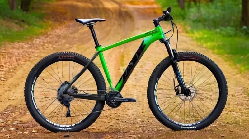 Bicicleta de carbono negra mate con detalles verdes, diseño geométrico, suspensión avanzada y neumáticos robustos, lista para la acción en un entorno natural