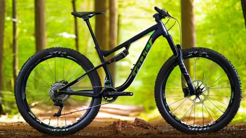 Bicicleta de carbono negra mate con detalles verdes, diseño ligero y de alto rendimiento, equipada con suspensión dual y frenos de disco hidráulicos, en un entorno natural