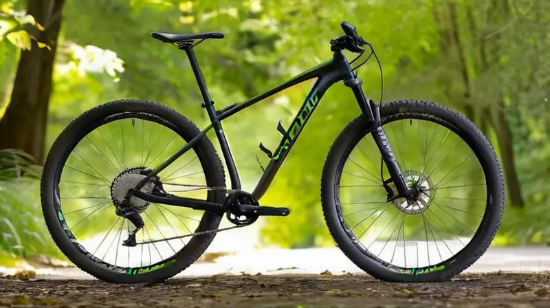 Bicicleta de montaña de carbono con diseño ligero, acabado negro mate y detalles en verde, destacando su geometría precisa y componentes de alta calidad