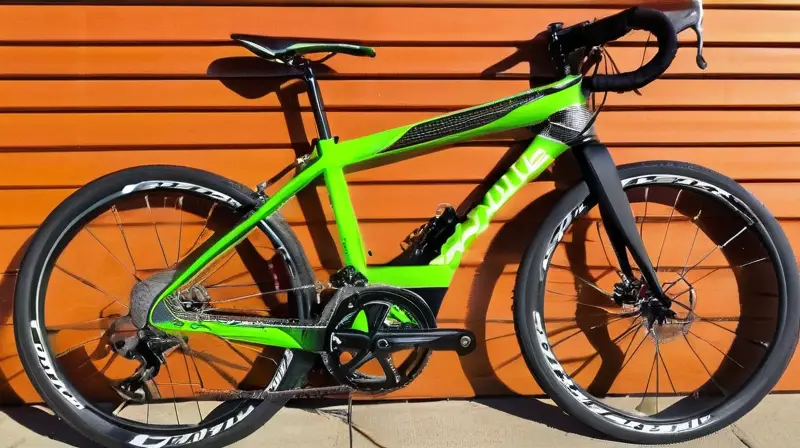 Bicicleta de carbono elegante y aerodinámica, con acabado mate, detalles en verde vibrante y diseño ligero que resalta velocidad y comodidad