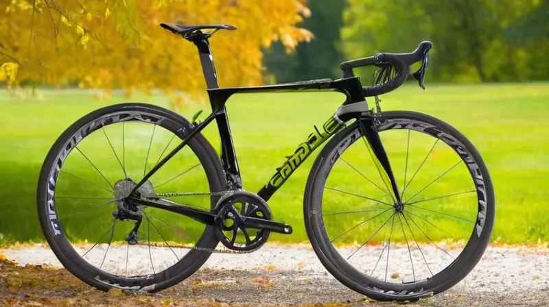 Bicicleta de carbono elegante y ligera con acabado negro brillante, diseño aerodinámico y detalles vibrantes en un entorno natural