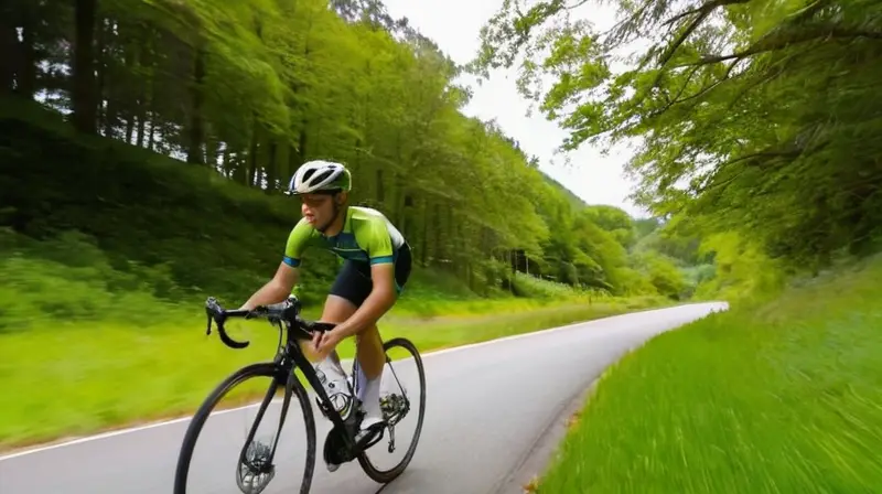 Una bicicleta de carbono elegante y aerodinámica, con detalles en verde vibrante y un ciclista en una postura relajada, destaca en un entorno natural iluminado por el sol