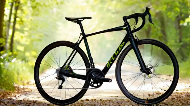 Bicicleta de carbono elegante y aerodinámica en un entorno natural, con detalles en verde y acabados pulidos