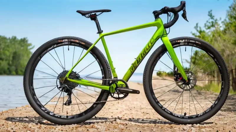 Bicicleta de aluminio verde mate con diseño minimalista, geometría ergonómica y detalles pulidos, ideal para aventuras en gravel
